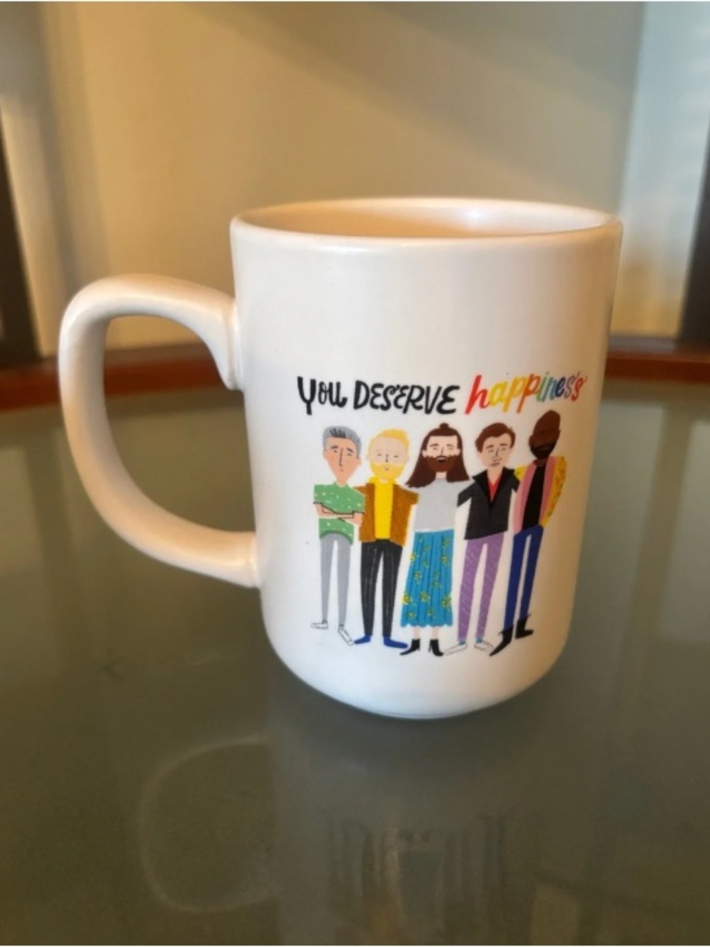 White 'You Deserve Happiness' Queer Eye Ceramic Mug
